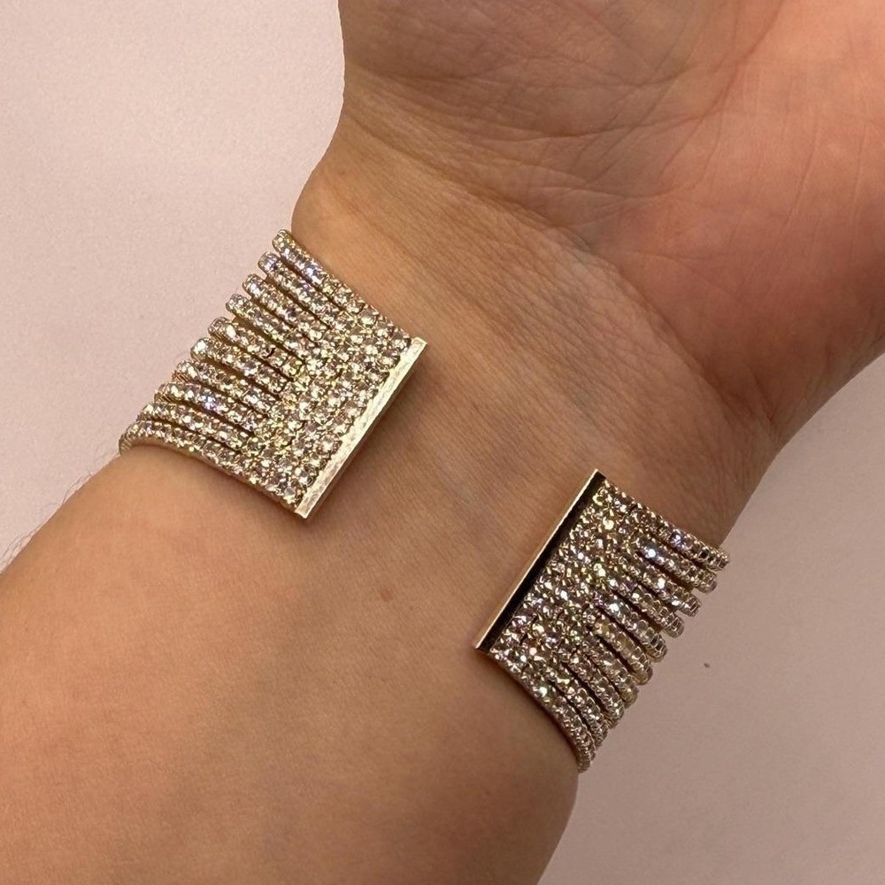 Gold Tone Multi Row Rhinestone Cuff Bracelet 10 Band Crystal Statement Bangle - Picture 9 of 11